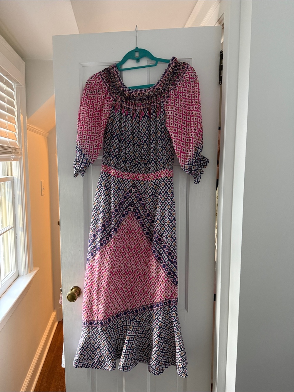 SALONI Pink and Navy Geometric Midi Dress